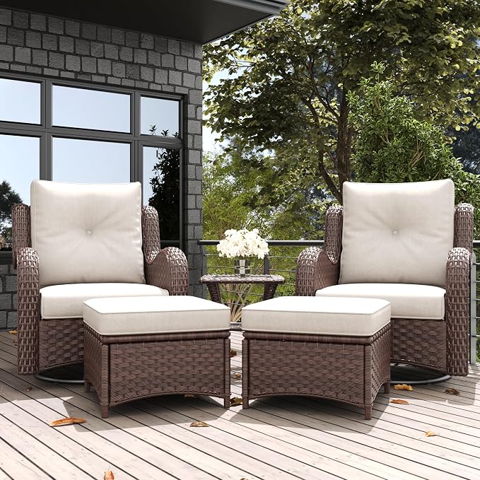 LayinSun 5 Pieces Outdoor Patio Furniture Set, Rattan Wicker Swivel Rocker Chairs Sets with Ottomans, Swivel Glider Chairs, and Coffee Table