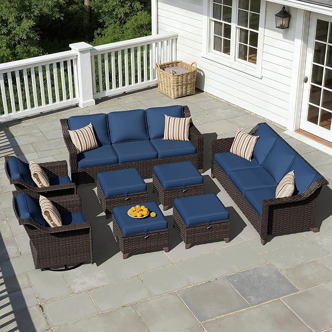 8 Pieces Patio Conversation Furniture Set - 2 Sofas, 4 Ottomans, 2 Swivel Chairs, 1 Side Table, Outdoor Wicker Furniture with Removable Cushions for Porch, Balcony, Sunroom (Blue)