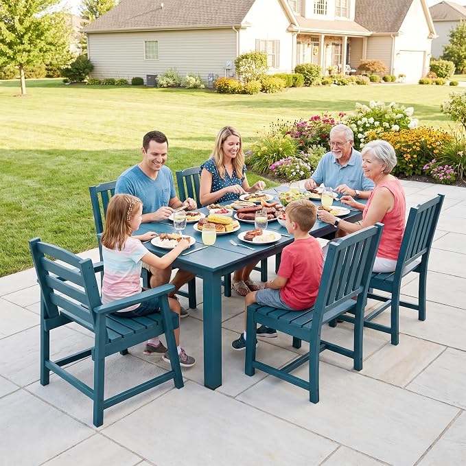 LOUNZY 7 Piece Patio Dining Set for 6, Outdoor Table and Chairs,Navy | 75.2” table,6 seat patio dining set, HDPE wood-look, fade resistant and waterproof, low maintenance outdoor furniture