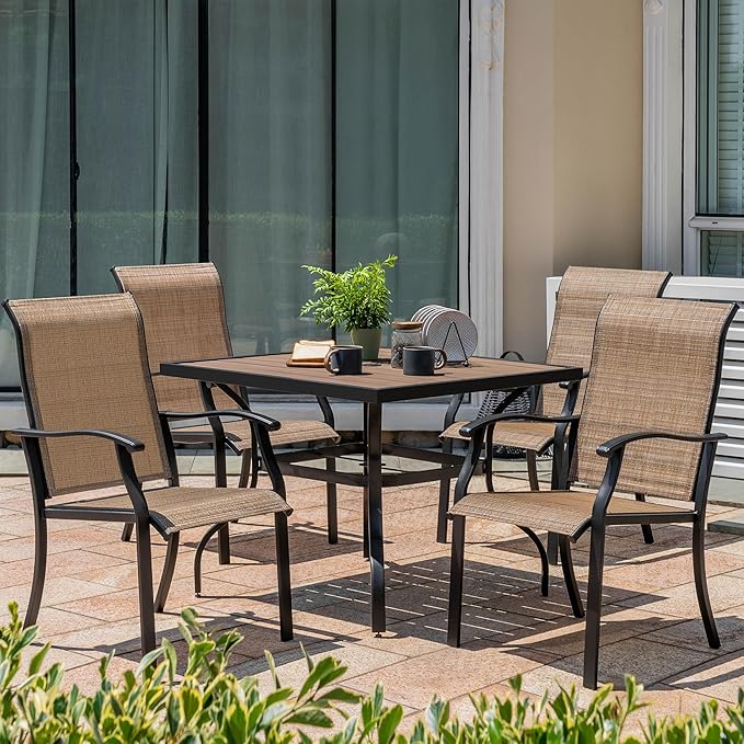 NUU GARDEN 5-Piece Outdoor Dining Se4 Textilene Chairs & 37" Square Table with Umbrella Hole and Faux Wood Tabletop,Outdoor Furniture for Backyard, Deck, Yard, Garden,Black Brown