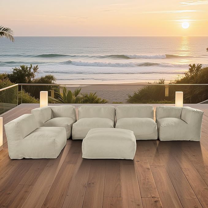 Patio Furniture Set, 6 Pcs Outdoor Conversation Set with Bean Bag Middle Chairs, Corner Chair, Ottomans, Modern Foam Couch Set for Garden, Deck, Balcony (6, Light Beige)