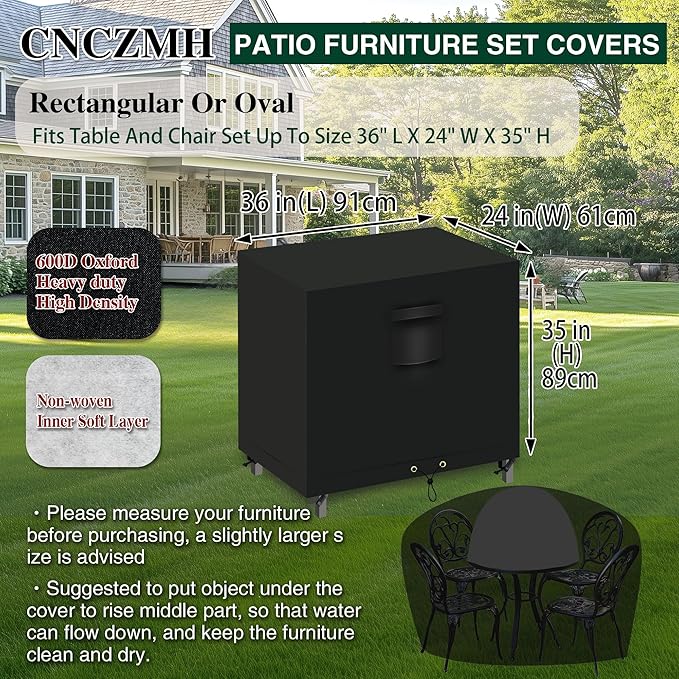 Heavy Duty Patio Furniture Covers Waterproof, 600D Outdoor Furniture Cover Waterproof for Sectional Sofa Couch, Outdoor Dining Table and Chair Set Covers 36''L x 24''W x 35''H, Black