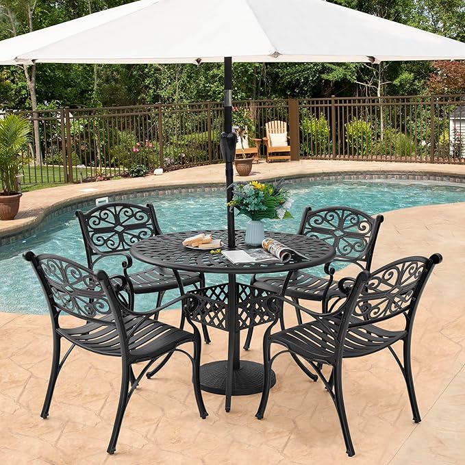 NUU GARDEN 5 Pieces Outdoor Patio Dining Set, 42" Round Cast Aluminum Dining Table with 2.24" Umbrella Hole and All-Weather 4 Outdoor Patio Dining Chairs for Patio, Garden, Backyard, Balcony, Bronze