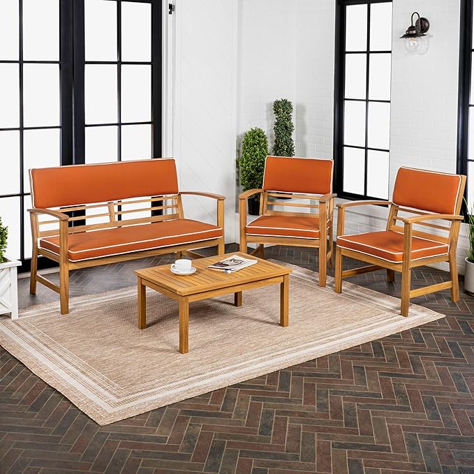 JONATHAN Y LVG1000D-4SET Barclay 4-Piece Modern Coastal Acacia Wood Conversation Outdoor Patio Set with Cushions Transitional, Classic, Traditional, Vintage, Mid-Century, Orange/Teak Brown