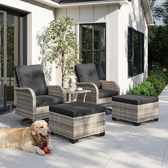 5-Piece Small Patio Furniture Set, Outdoor Swivel Rocking Chairs Set with Ottomans, Patio Bistro Set for Balcony, Deck, Porch, Black