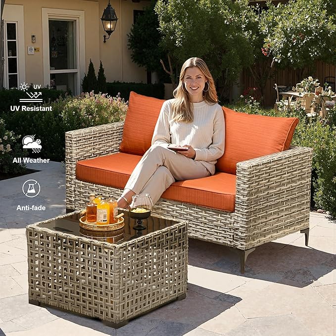 Outdoor Patio Furniture Sets,9 PCS Patio Conversation Set Outside Rattan Sectional Sofa with 42 in Fire Pit Table Wicker Rocking Chair Coffee Table Fit Backyard Porch Garden Poolside Balcony