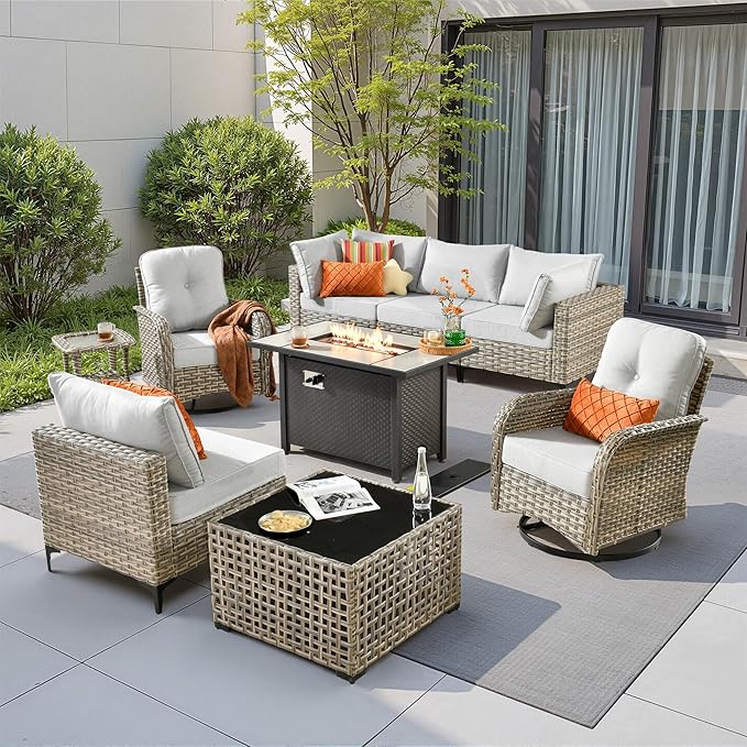 9 Pieces Outdoor Sectional Patio Furniture Set with 42" Fire Pit,Conversation Sets Rattan Wicker L Shaped Couch Swivel Rocking Chairs,Modular Outdoor Sofa for Porch Balcony Backyard Grey