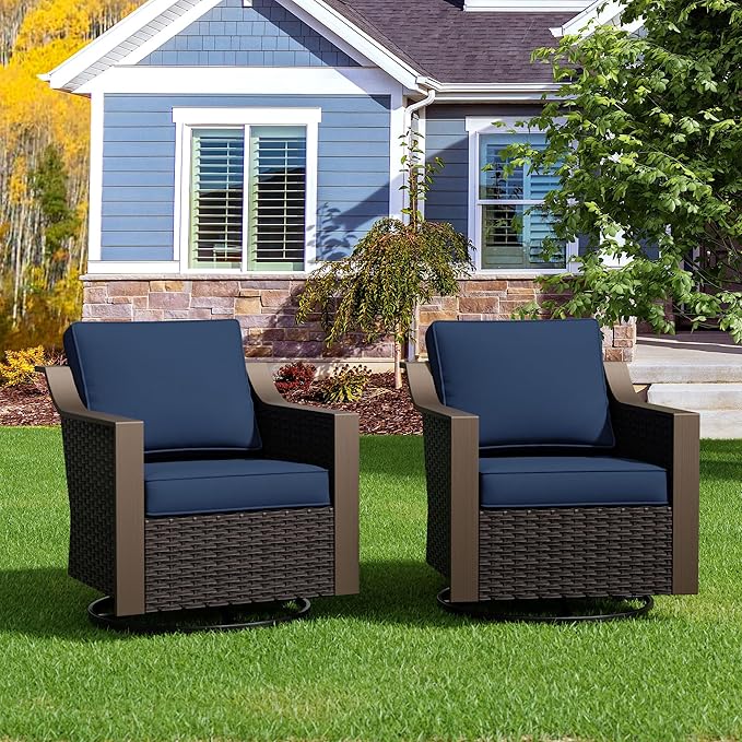 Patio Swivel Chairs Set of 2, Metal Wicker Conversation Furniture Set, Upholstered & 360 Degree Glider Rockers Armchairs, PE Rattan, Metal armrests, Terrace (Navy Blue)