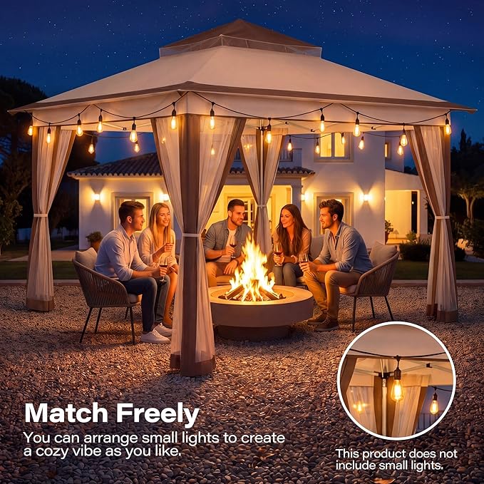 LAUSAINT HOME 11x11 Pop Up Gazebo Canopy Tent with Mosquito Netting, Instant One-Push Setup, Adjustable Height Outdoor Canopy Shelter with Carry Bag for Patio, Backyard, Camping, Parties & BBQs, Khaki