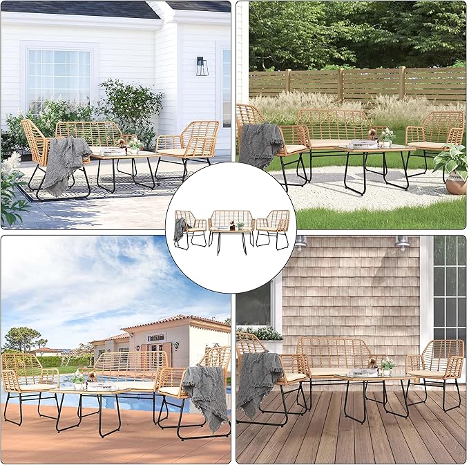 4 Piece Patio Conversation Set, Outdoor Wicker Furniture Set,Rattan Patio Furniture Sets for Backyard,Front Porch, Beige