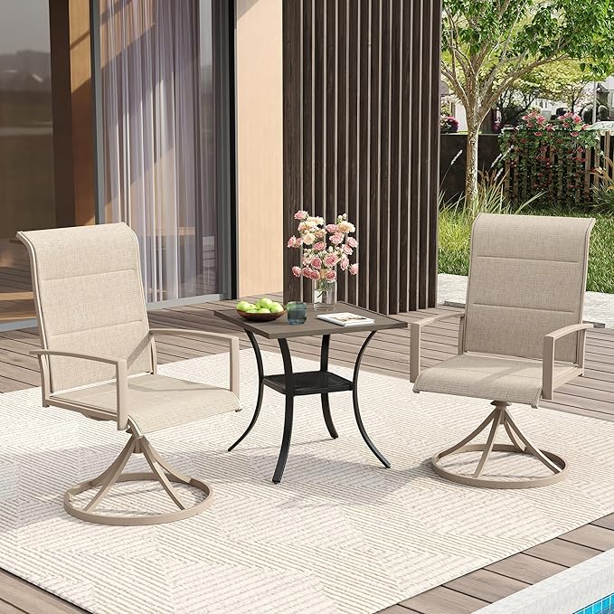 VICLLAX 3 Pieces Small Patio Table and Swivel Chairs for 2, All Weather Patio Dining Set, Grey Wood Grain Tabletop and Sandshell Fabric