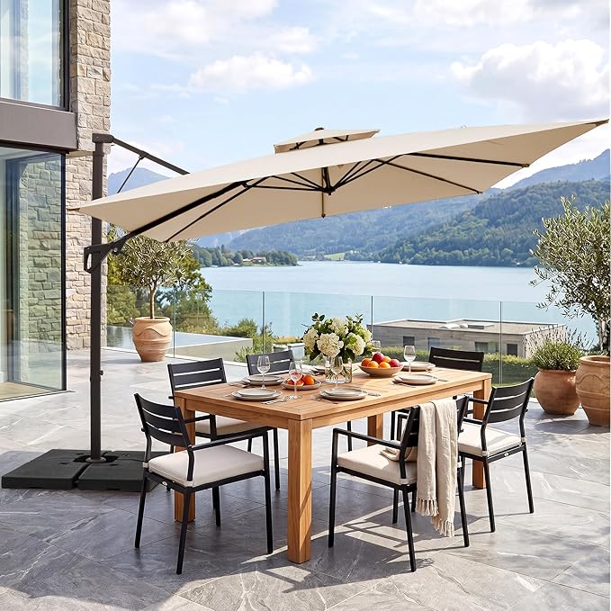 JEAREY 10ft 2-Tier Cantilever Patio Umbrella, Large Square Outdoor Offset Umbrella with Double Top Vent and 360-degree Rotation for Garden, Deck, Pool, Patio, Beige