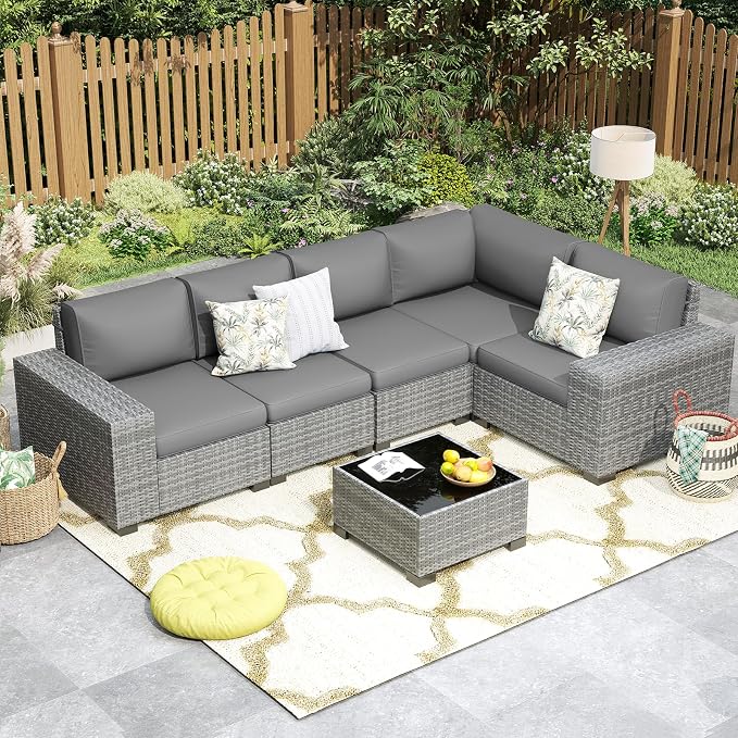 6 Pieces Patio Furniture Set, Wide Arm Outdoor Patio Sectional Couch Set, All Weather Wicker Rattan Conversation Set w/Cushions and Glass Table and Waterproof Cover, Grey & Grey