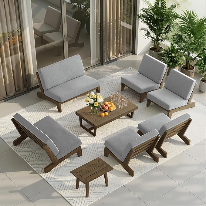 UIXE 8 Pieces Wood Patio Furniture Sets, 2 Patio Loveseat, 4 Patio Bistro Chair, All Weather Outdoor Sectional Sofa Furniture Backyard Conversation Set with Coffee Table - Grey