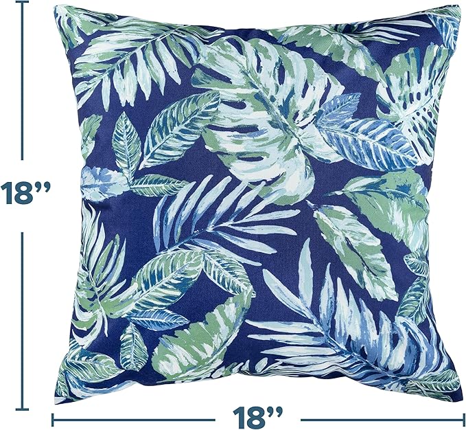 AELS Outdoor Pillow Covers 18x18 Inch, Waterproof Throw Pillow Covers Pack of 2, Water-Resistant Decorative Pillow Case for Patio Furniture Tent Garden, Tropical Leaf, Blue Green, Cover ONLY