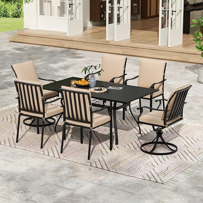 7 Piece Outdoor Patio Dining Set, 62’’ Rectangular Metal Dining Table & 4pcs Metal Dining Chairs & 2pcs Swivel Rocking Chairs , Outdoor Furniture Dining Set for Patio, Balcony, Lawn, Garden, Backyard