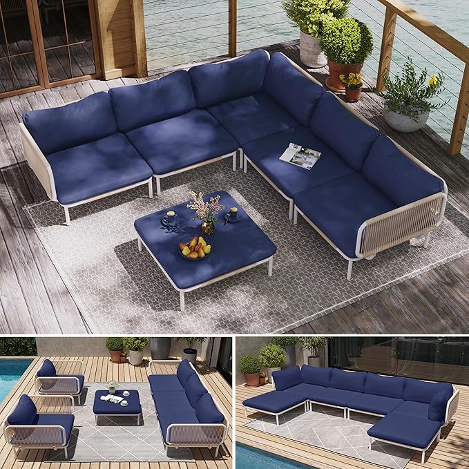 Patio Furniture Set, Outdoor Patio Furniture Oversized Metal Patio Sectional Sofa, 6-Seat Conversation Set with Cushion for Indoor and Outdoor, White Frame and Blue Mat