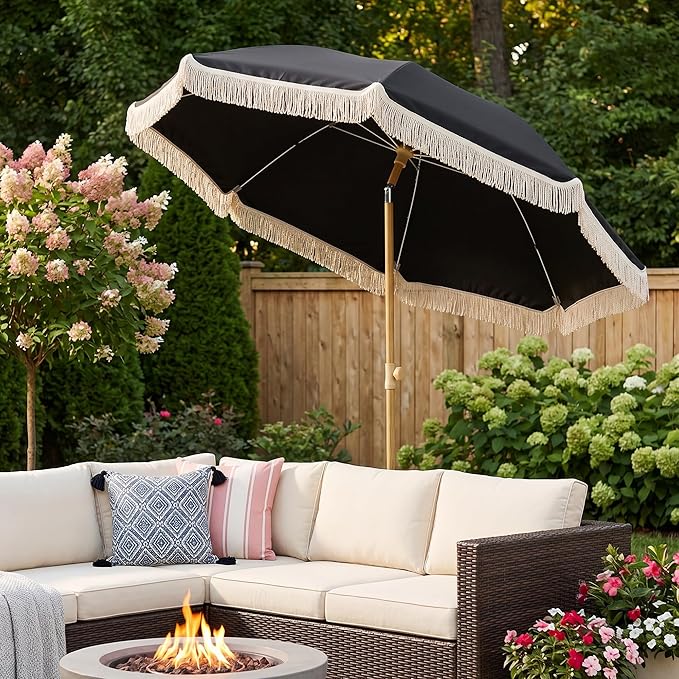 6.5FT Boho Patio Umberlla with Fringe,UPF50+ Outdoor Umbrella with Fiberglass Ribs and Push Button Tilt,Tassels Umbrella for Beach,Terrace,Picnic