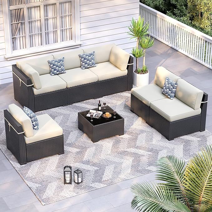Patio Furniture Sets, 7-Piece Outdoor Patio Furniture with Thick Cushions,Coffee Table Outdoor All-Weather Conversation Set Sectional Sofa for Backyard, Poolside, Garden(Khaki)