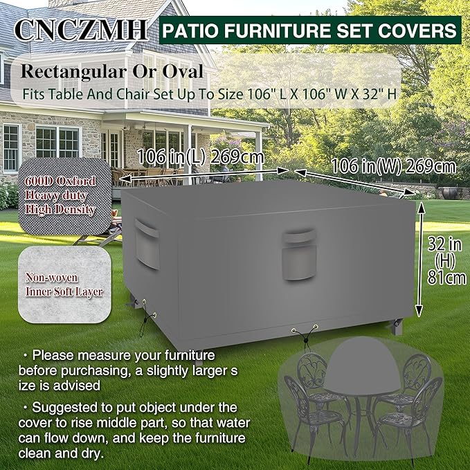 Heavy Duty Patio Furniture Covers Waterproof, 600D Outdoor Furniture Cover Waterproof for Sectional Sofa Couch, Outdoor Dining Table and Chair Set Covers 106''L x 106''W x 32''H, Grey