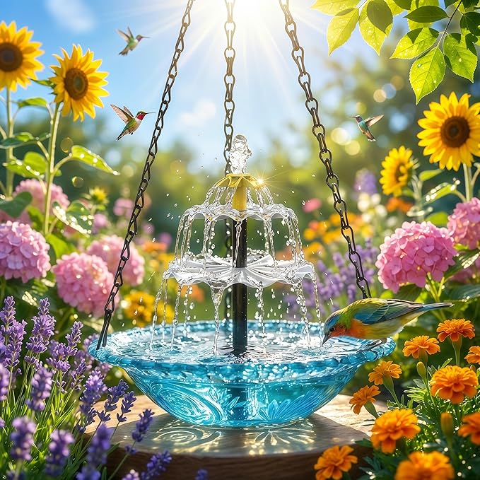 Solar Cascade Hanging Bird Bath Fountain, 2026 Upgraded Hanging Bird Bath with Flowing Water for Outdoors Garden Patio Backyard Lawn Decor (Blue)