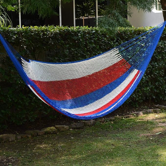 NOVICA Red White and Blue Striped Hand Woven Nylon Mayan 1 Person Patriotic Rope Hammock with Hanging Accessories, 'Patriotic' (Single)
