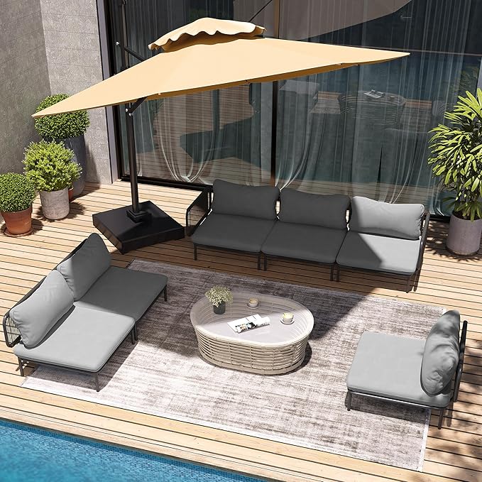 6 Piece Modern Outdoor Sectional Sofa, 31" Oversized Patio Furniture Set with Olefin Woven Rope, Weather-Resistant Metal Frame and Removable Cushion, Dark Grey