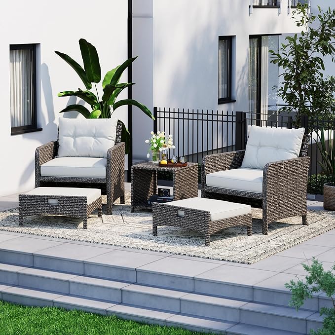 5 Piece Patio Furniture Set, All-Weather Patio Furniture with Soft Cushions, PE Wicker Patio Sofa Set with Coffee Table and Ottoman, for Outdoor, Porch, and Balcony (Light Grey-Grey)