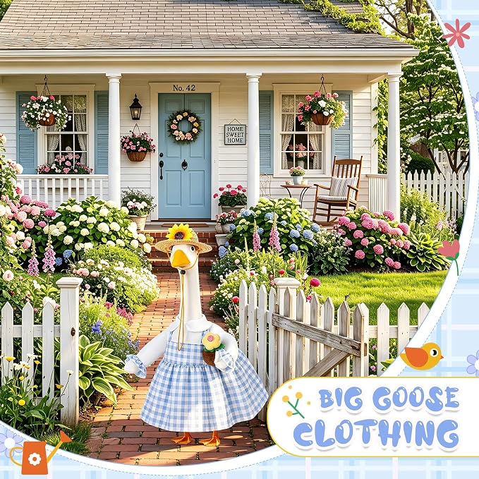 FuWeave Spring Summer Goose Outfit Porch Goose Clothes for 23" Large Statue Outdoor Patio Yard Lawn Art Decoration, Blue Plaid Dress Sunflower Hat