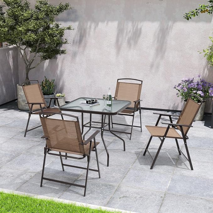 Crestlive Products 5 Piece Patio Dining Set with 4 Folding Chairs and Table Outdoor Dining Furniture with Square Glass Tabletop, Umbrella Hole for Bistro, Garden, Backyard, Deck (Brown)