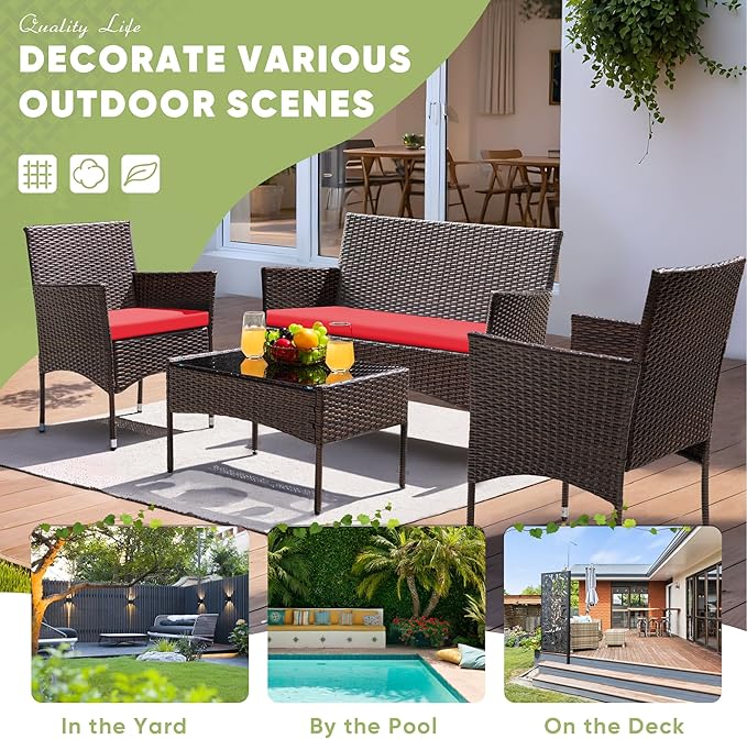 Greesum Patio Furniture 4 Pieces Conversation Sets Outdoor Wicker Rattan Chairs Garden Backyard Balcony Porch Poolside loveseat with Cushion and Glass Table, Brown and Red