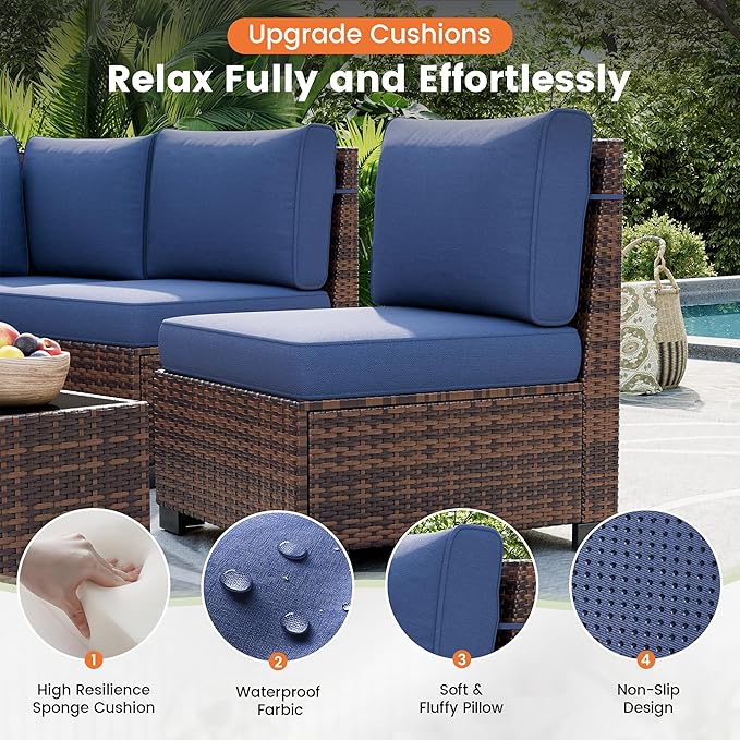 UDPATIO Patio Sectional Sofa with Fire Pit Table, 8 Inch Armrest 7-Piece Wicker Conversation with Waterproof Cover for Backyard Deck, Brown/Navy Blue