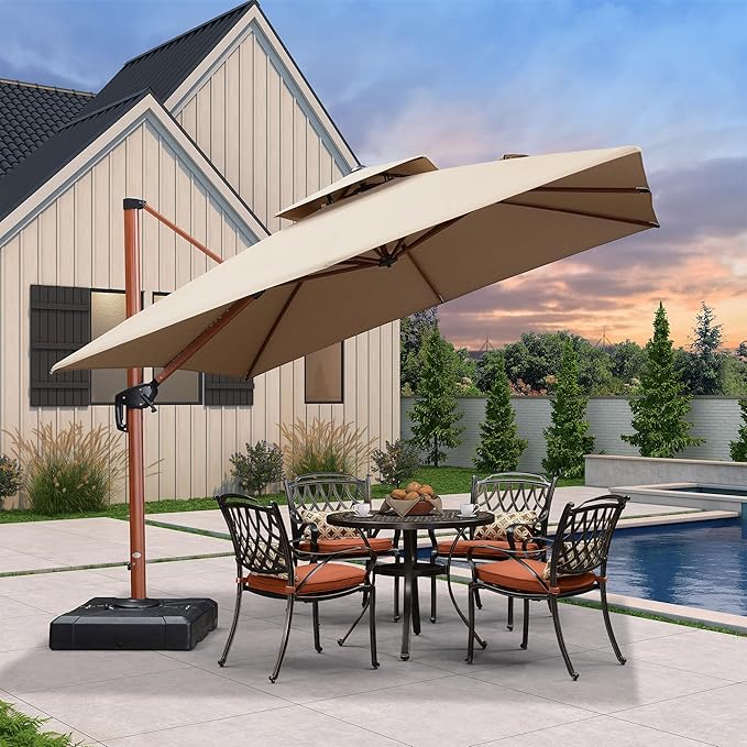 PURPLE LEAF 10' X 10' Patio Large Cantilever Umbrella Outdoor Double Top Deluxe Square Wood Pattern Umbrellas Offset Umbrella Heavy Duty Sun Umbrellas for Garden Deck Pool, Heather Beige