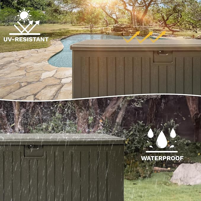 DWVO 230 Gallon Resin Outdoor Storage Box, XXL Double-Wall Waterproof Deck Box with Divider, Doubles as Table or Seating with 1000 lbs Capacity, Lockable (Light Brown)