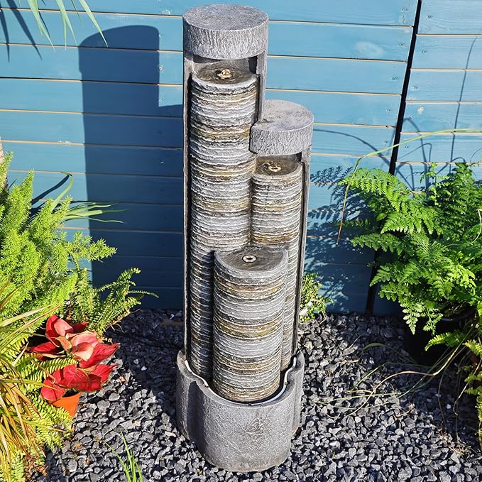 Garden Water Fountain Outdoor - 3 Tiered Waterfall Fountain Indoor Outdoor Water Fountains Cascading Waterfall with LED Light, 12.2" L*11.4" W*40" H