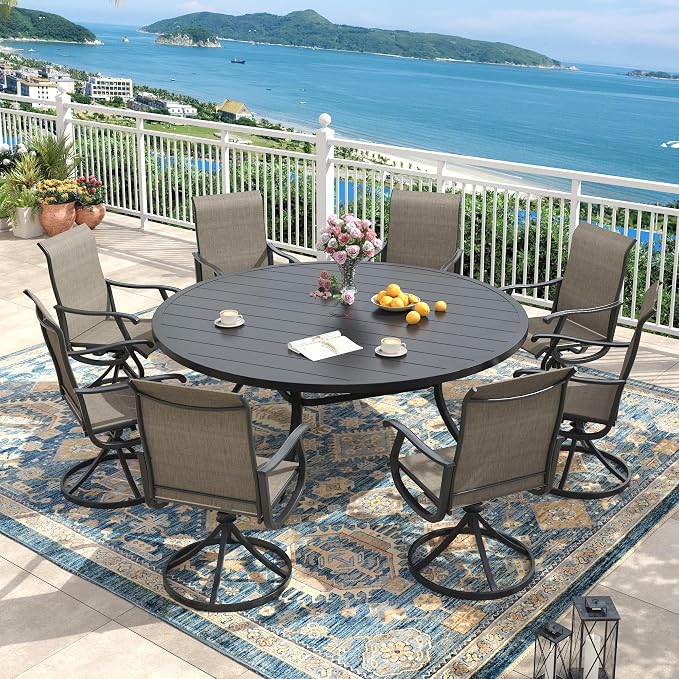 Outdoor Dining Set for 8, 63" Metal Round Outdoor Dining Table with Umbrella Hole and Sling Patio Swivel Chairs, 9 Pieces Patio Table and Chairs Set for Garden Backyard, Mixed Brown and Black
