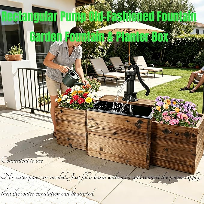 NestNature Outdoor Water Fountain,Floor Wooden Rectangular Pump Old-Fashioned Fountain with Flower Box,Electric Decorative Hand Pump, Outdoor Water Feature for Garden Patio Backyard