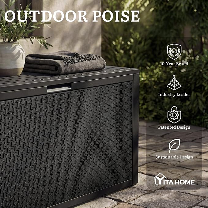 YITAHOME 95 Gallon Outdoor Storage Deck Box, Waterproof Resin Deck Box w/Handles, Lockable Outdside Deck Box for Patio Furniture, Garden Tools, Lockable & UV Resistant(Black)
