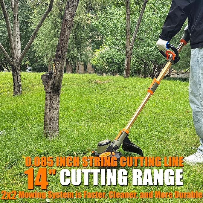14" Electric Weed Wacker, 4 in 1 Cordless String Trimmer/Lawn Edger/Lawn Mower/Brush Cutter with Steel Gears, 2×21V 6.0Ah Batteries & Charger, Lightweight Grass Trimmer for Yard Garden
