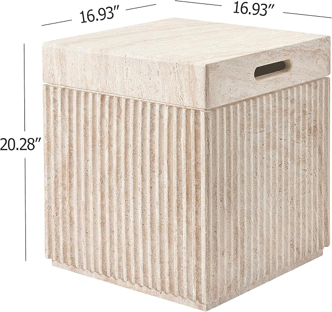 Christopher Knight Home Livia 20.28" Tall Outdoor Square Accent Side Table, Patio Decorative End Table with Fluted Design, MGO Garden Stool for Patio Living Room Balcony & Garden Decor, Travertine