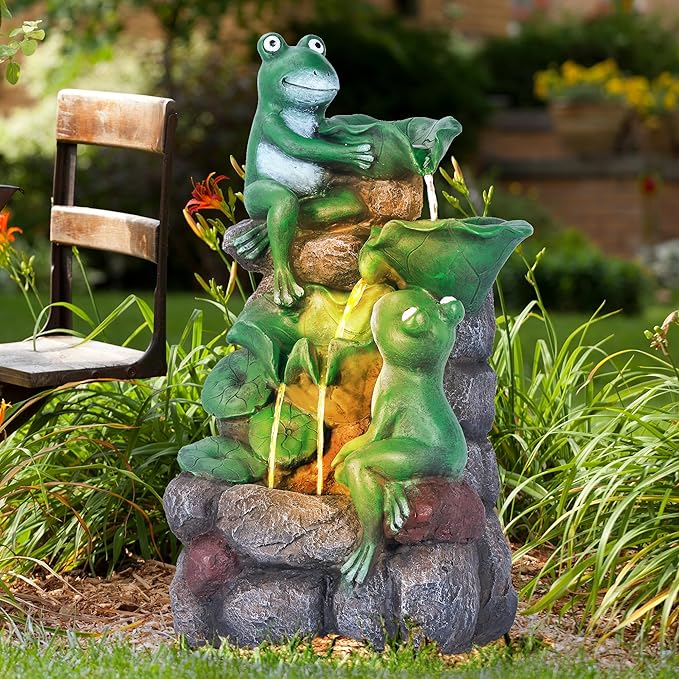 HPC Decor Outdoor 4-Tier Frog Waterfall Fountain with LED Lights for Garden, Patio, Yard, and Porch Décor, 19.9" H (Green)