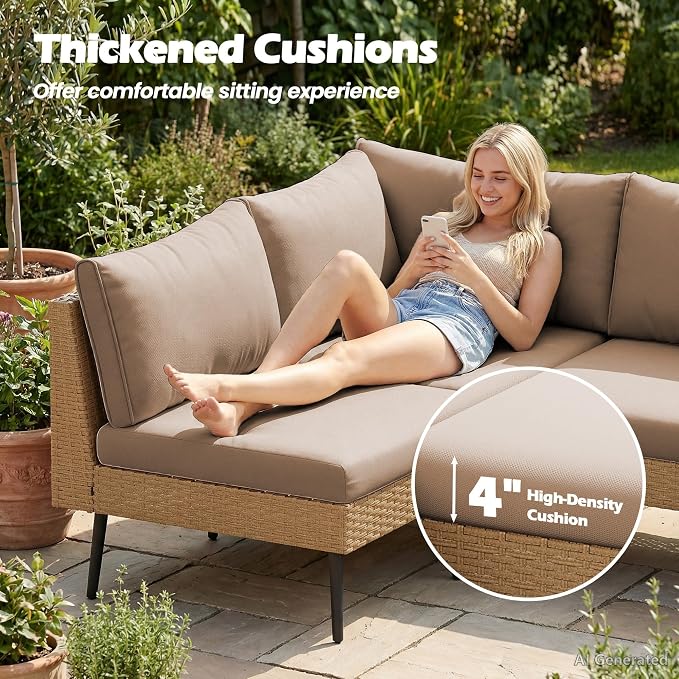 Vikiullf Outdoor Wicker Sectional Sofa Set, L-Shaped Patio Conversation Set with 4" Cushions, Boho Rattan Furniture for Backyard Poolside Deck (Khaki, 5 Pieces)