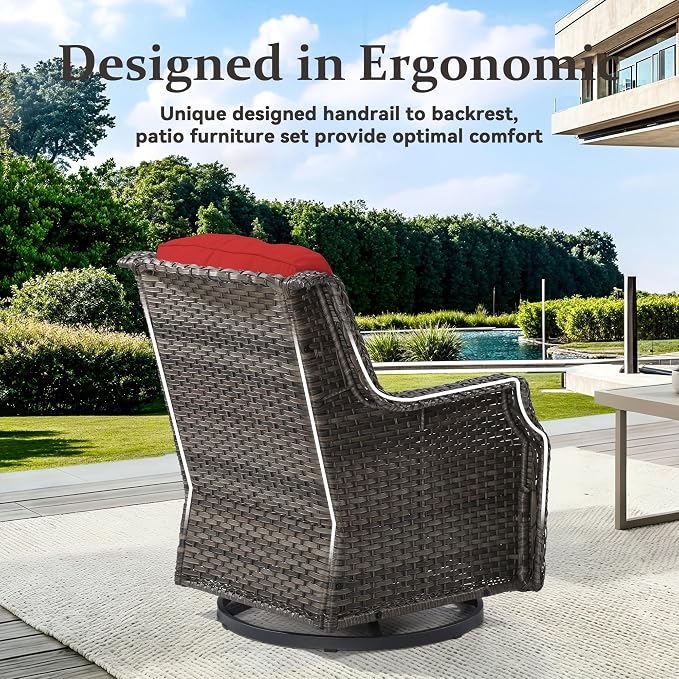 Outdoor Swivel Chair, Patio Rocking Chairs with Ergonomic Wide Armrest and Thick Cushions, Ideal for Backyard, Garden, Poolside,Red