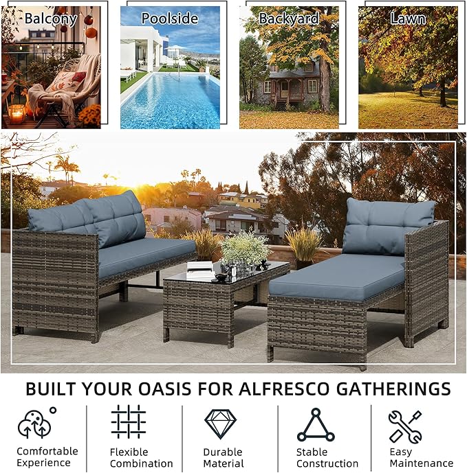 SUNLEI 3-Piece Wicker Patio Conversation Furniture Set, Patio Corner Sofa with Outdoor PE Rattan, Includes Loveseat Sofa Sectional, White Couch and Coffee Table(Silver Rattan/Ashy Blue, 3 PCS Sofa)
