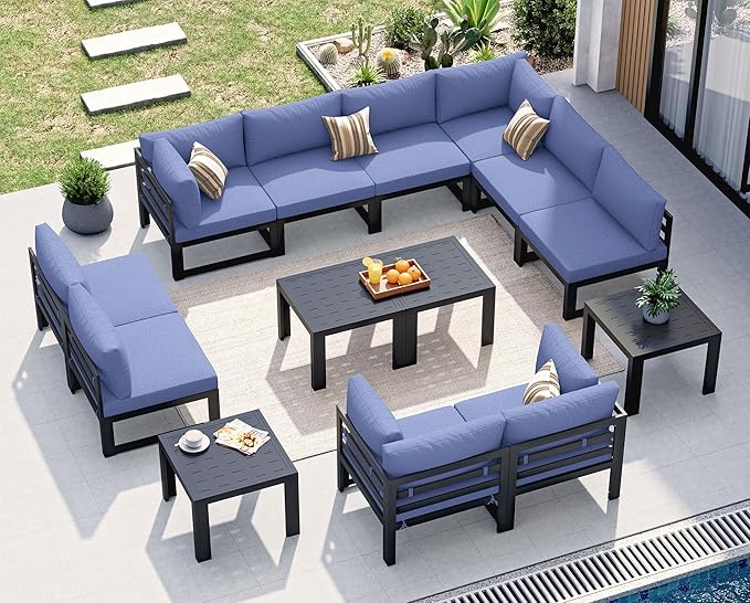 NICESOUL 14 Piece Oversized Modular Aluminum Outdoor Furniture Set with Side Table, 29" Deep and Wide Sectional Seating, 500 lbs High Weight Capacity Patio Conversation Set for Poolside, Denim Blue
