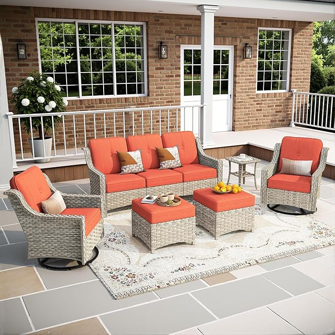 6-Piece Patio Furniture Set, Outdoor Conversation Set Sectional Sofa with Rocking Chairs and Water Resistant Cushions, Red