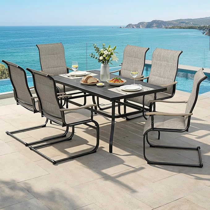 NUU GARDEN 7-Piece Patio Table and Chair Set, Grayish Brown Spring Chairs | All-weather dining table with umbrella hole, 6 padded textilene C-spring motion chairs with wood-grain armrests