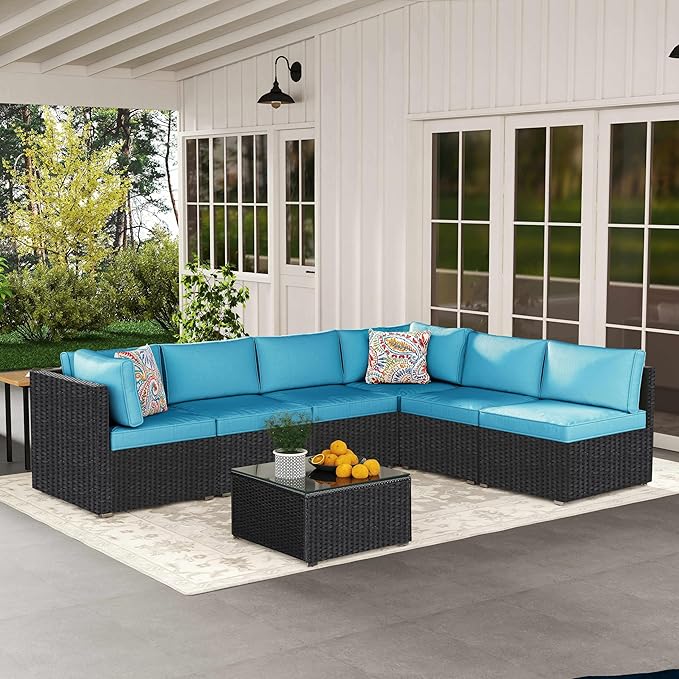 7-Piece Outdoor Patio Furniture Set – Handwoven All-Weather Rattan & 4” Thick Waterproof Cushions, Wicker Outdoor Conversation Sets with Coffee Table for Deck, Backyard, Garden, Black/Blue