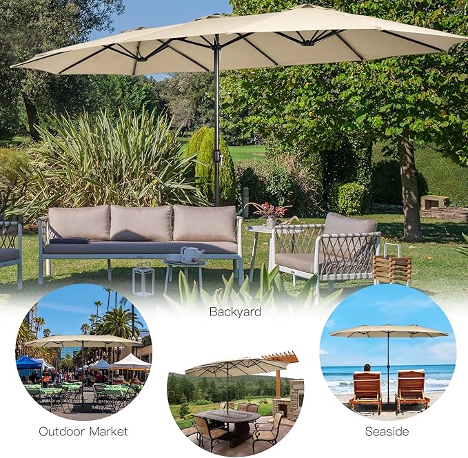 Tangkula 15FT Double-Sided Patio Umbrella with Base, Extra-Large Market Umbrella W/Crank System, Outdoor Twin Umbrella W/ 12-Rib Metal Structure & Air Vents for Garden, Backyard, Poolside (Beige)