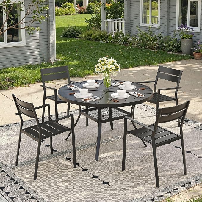 Patio Dining Set for 4, Round 40.7" Patio Dining Table and Stackable Outdoor Dining Chairs Outdoor Furniture for Backyard Porch Deck, Spliced Black Table and Black Chairs